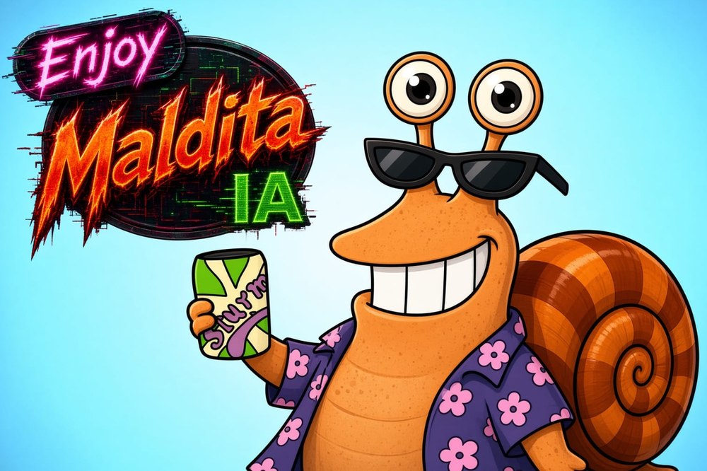 Enjoy Maldita IA — el caracol con lentes de sol brindando